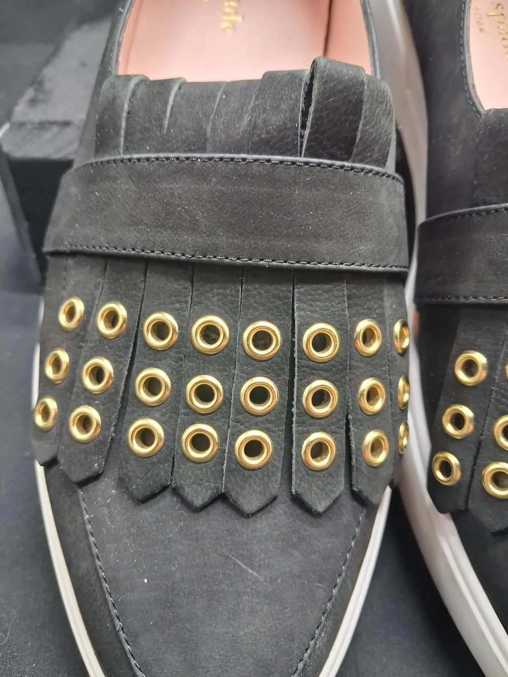 kate spade Black Suede Loafers with Gold Eyelet Detail